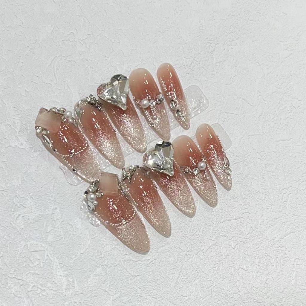 Wearing Armor Pure Handmade Fake Nails Finished Elf Princess Blush Cat Eye Blind Love Diamond Long Nail Art Patch