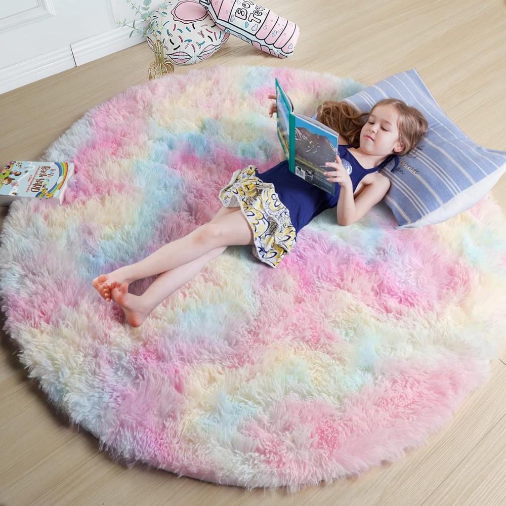 Bedroom Living Room Plush Round Carpet Infant Crawling Anti Slip Soft Pad Ins Home Decor Pink Carpet