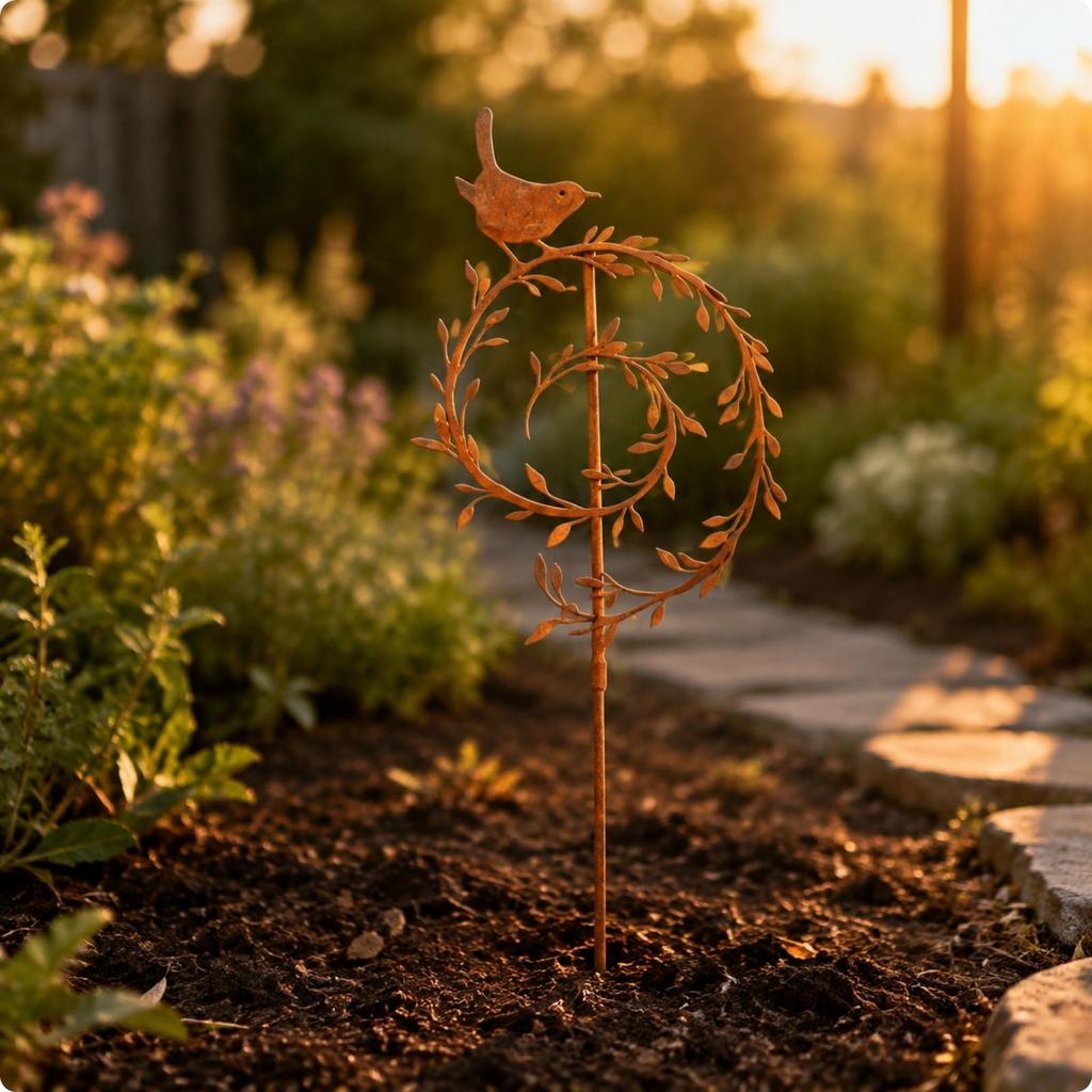 Metal Garden Stake with BirdandVine and Botanical Pattern Vintage Rustic