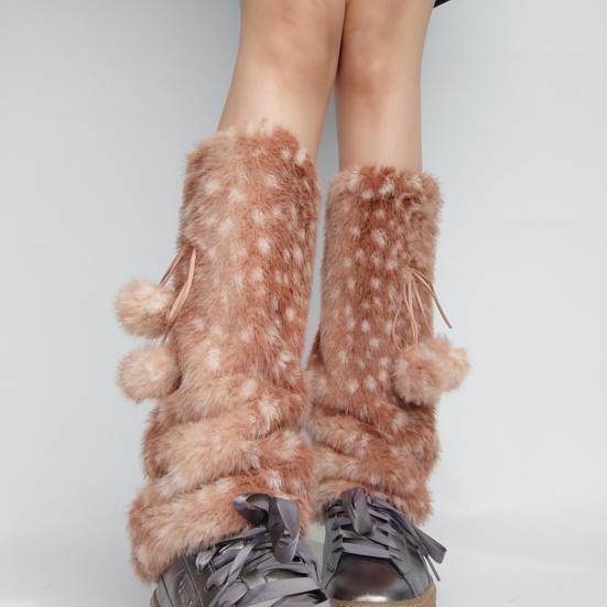 Deer Print Leg Warmers Women Faux Fur Fuzzy Calf Warmers with Pompoms Fluffy Boot Cuffs Cover for Sneakers Girls Winter Street Wear