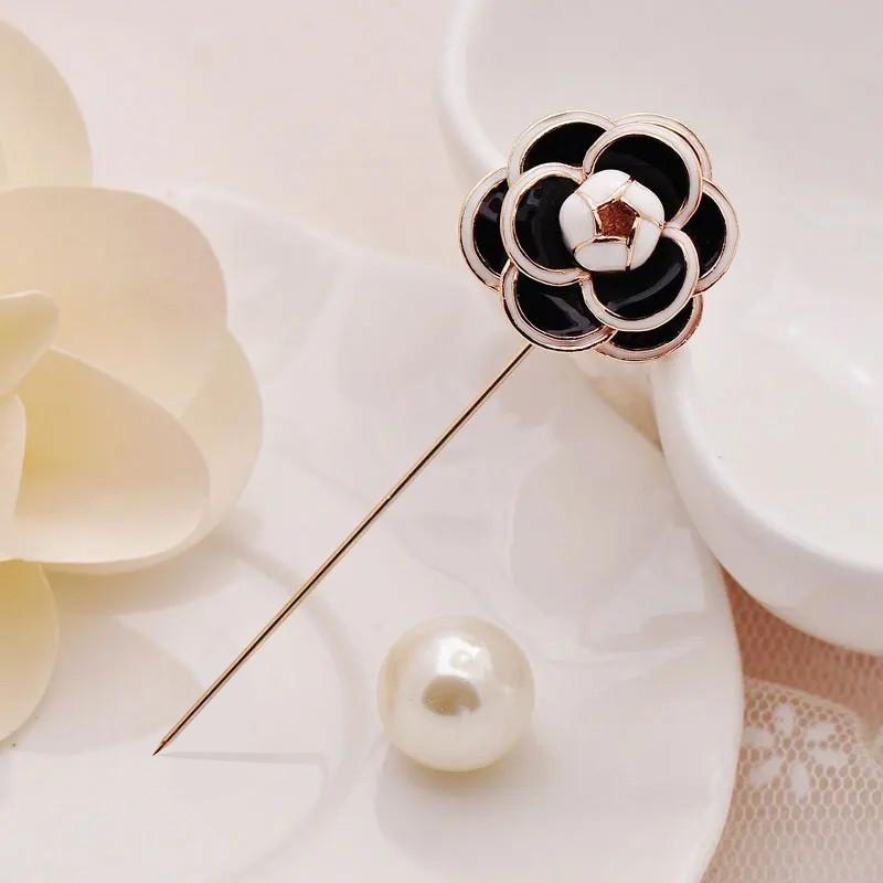 White Black Camellia Pearl Flower Brooch For Women Luxury Jewelry Needle Cardigan Sweater Lapel Pins Scarf Buckle Accessories