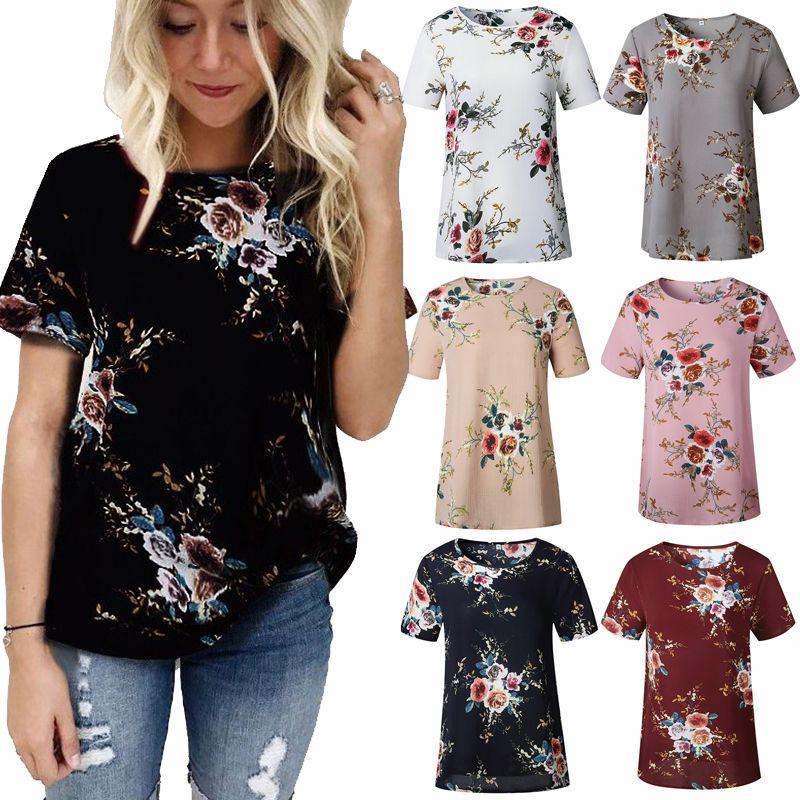 Elegant Summer Women Blouse Floral Print Short Sleeve Loose Casual T-shirt Tops