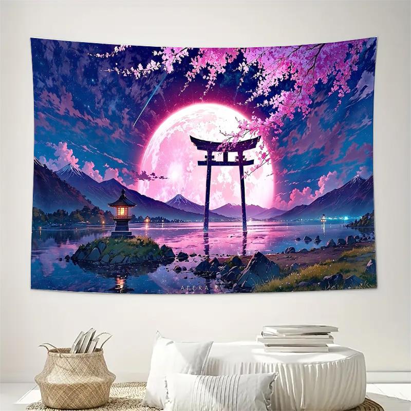 

Japanese Sakura Moon Lake Torii Gate Wall Tapestry Machine Washable All Season Decor Art Print Anime Landscape Design Home 74x94cm(29x37in)