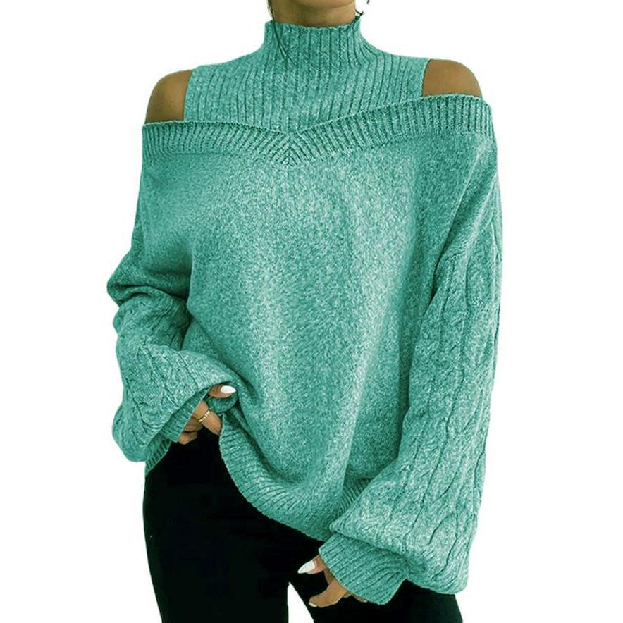 Ladies Fashion Off Shoulder Turtleneck Warm Solid Color Long Sleeve Sweater