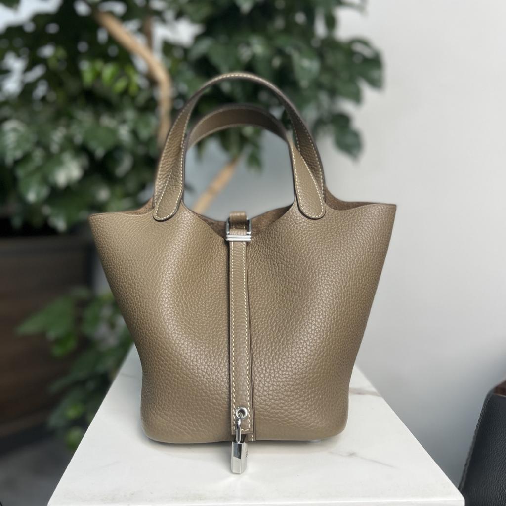 Handmade Genuine Top-Grain Leather Picotin Handbag - 18cm Togo Leather Bag with Solid Brass Hardware, Artisanal Craftsmanship Women's Tote Purse