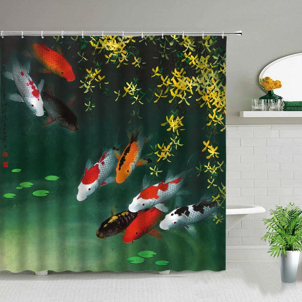 Modern Chinese Style Koi Fish Scenery Shower Curtain Bathroom Screen Waterproof Fabric Background Wall Decor Hanging Curtains