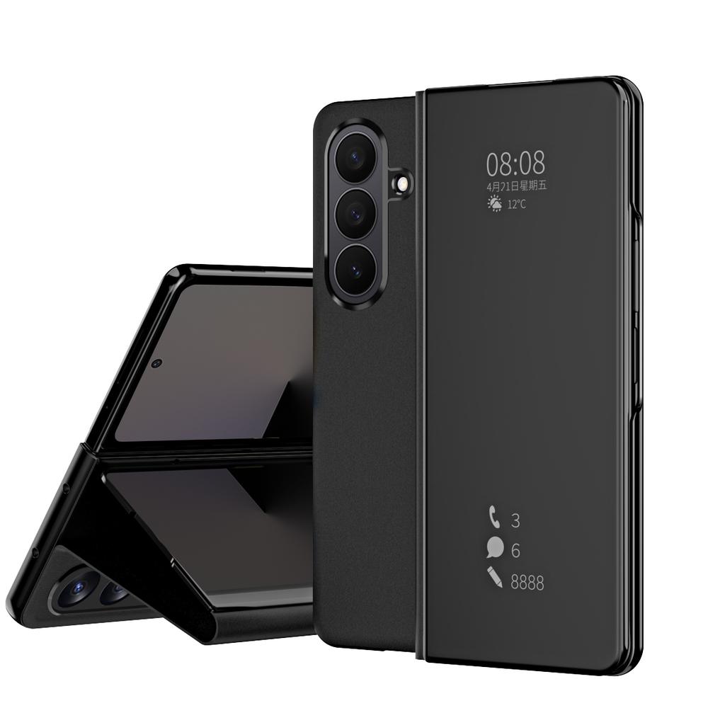 Smart Flip Case For Samsung Galaxy Z Fold 7 8 Fold7 Mirror Plating Plastic PU Leather Kickstand View Shockproof Phone Cover