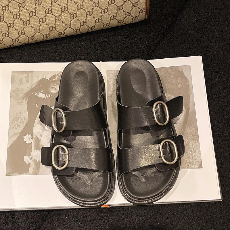 

Thick-soled versatile one-word buckle with sandals women s summer 2025 new outer wear flat-soled slippers beach sandals ins tide 35
