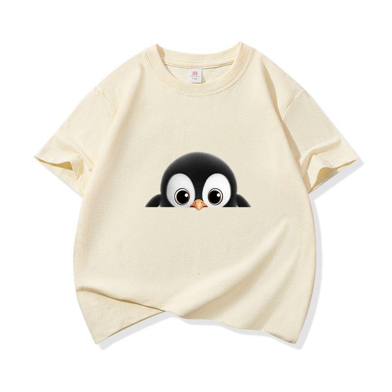 Kids Cotton T Shirt Cute Peeking Penguin Print Crew Neck Short Sleeve Tee Casual Breathable Boys Girls Summer Tops