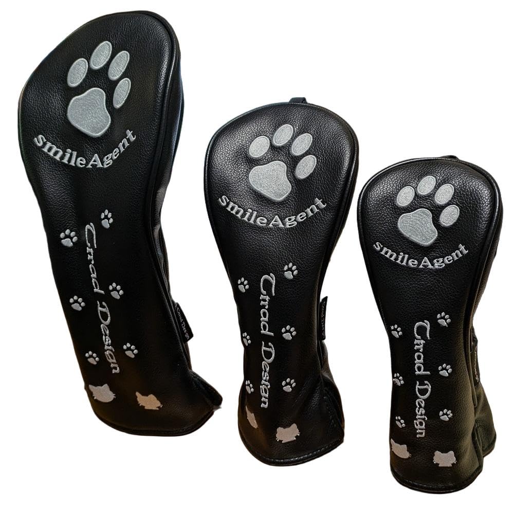 Sahc1741 Golf Headcover with Smile Agent Paw Print Embroidery, Paw Print Series, for Driver, Fairway Wood, and Hybrid (Black, for Hybrid)