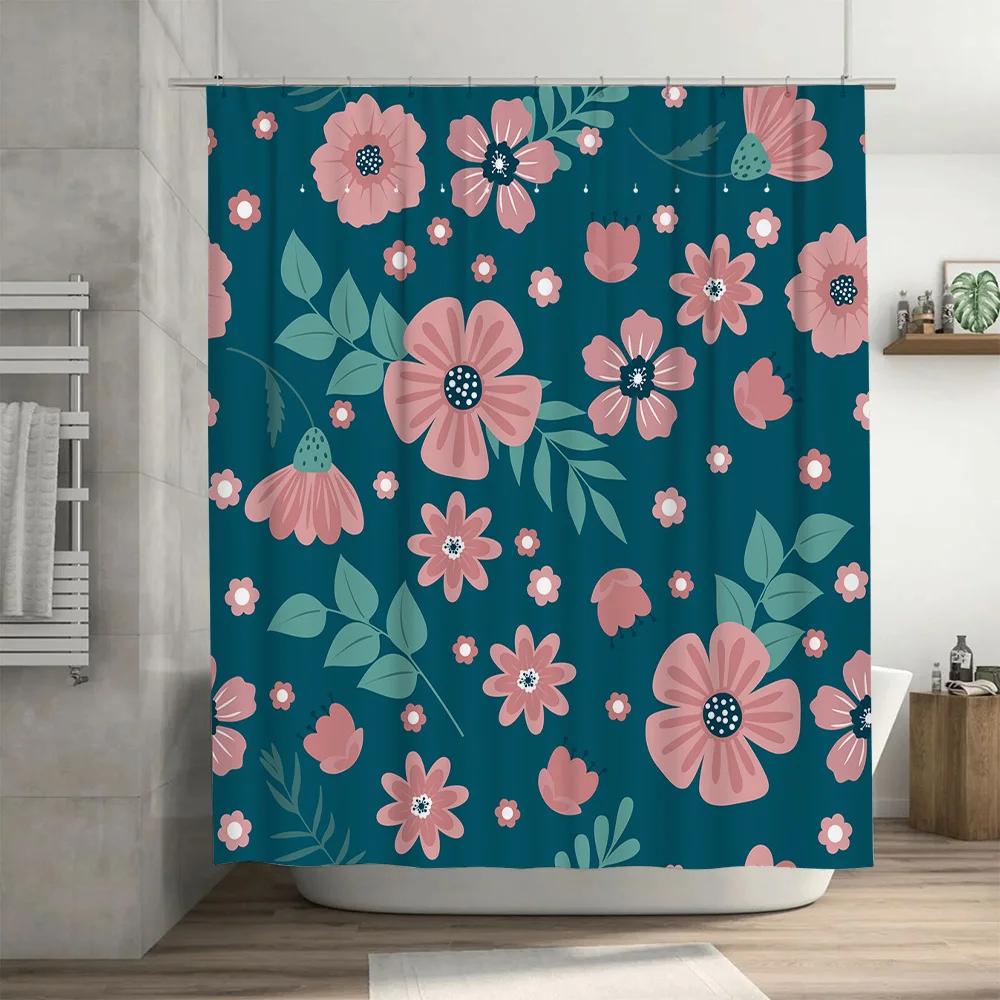 Blue Shower Curtain with Flower Print Perfect for Bathroom Decor 3D Printed Waterproof Fabric Various Sizes Available on