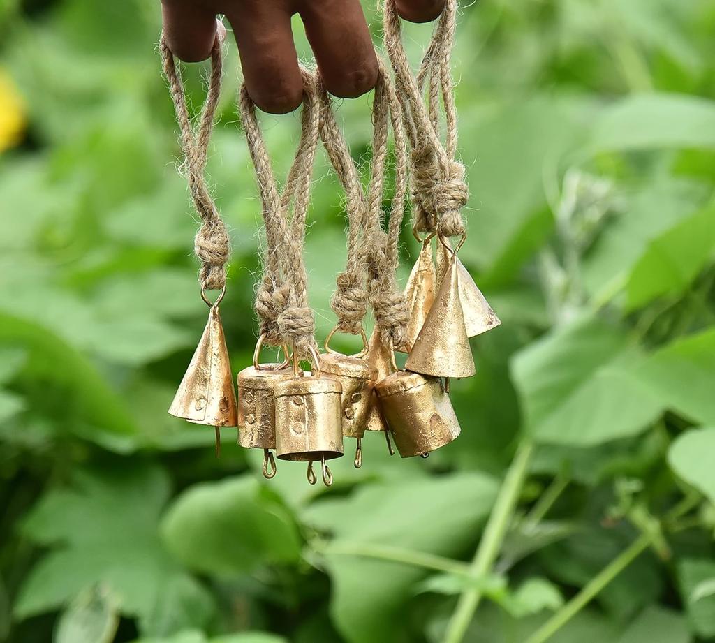 Vintage Gold Cow Bells for Christmas Decor, Pack of 10 Handmade Tin Jingle Bells for DIY Craft Projects and Boho Farmhouse Ornaments