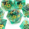 7 Pcs Green Flowing Sand Golden Number Sharp Edge Resin Dice Polyhedral Dice Suitable for Role-Playing RPG Board Game