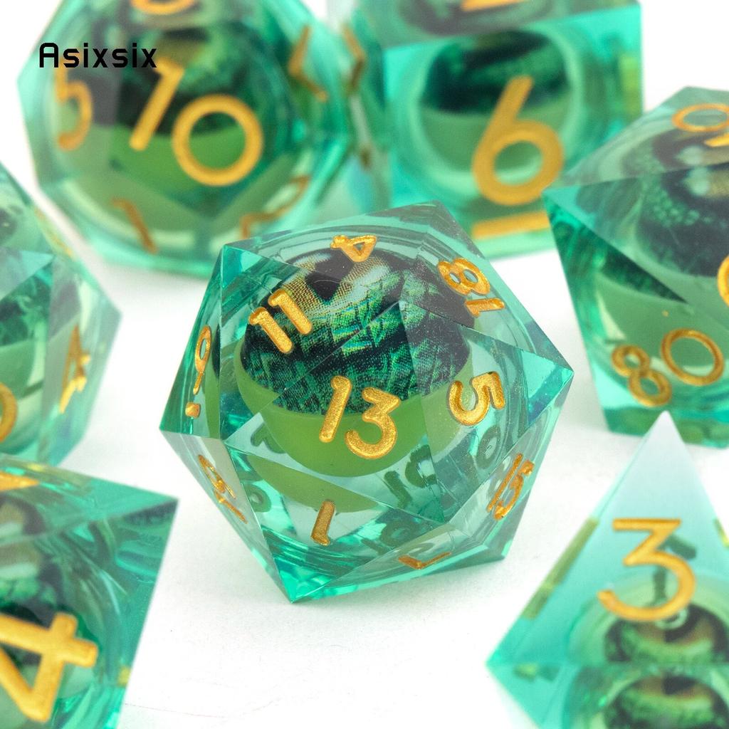 7 Pcs Green Flowing Sand Golden Number Sharp Edge Resin Dice Polyhedral Dice Suitable for Role-Playing RPG Board Game