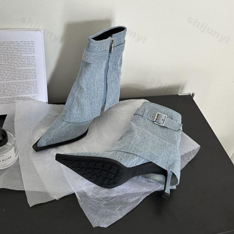 Women Ankle Boots 2026 Autumn New Buckle High Heel Shoes Women Pointed Toe Short Boots Fine Heel Women Shoes Botas Para Mujer
