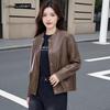 Women's Vintage Round Neck PU Leather Jacket