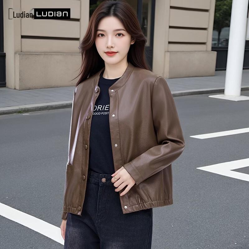 Women's Vintage Round Neck PU Leather Jacket