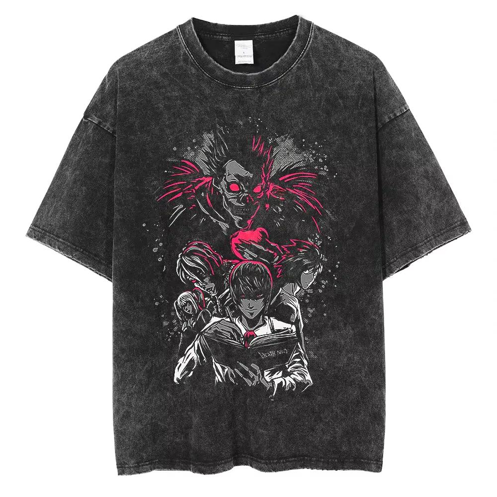 2026 new Oversized Death Note Ryuk L Washed Summer Tee, Vintage Distressed Anime Streetwear, Graphic Top for Men Women