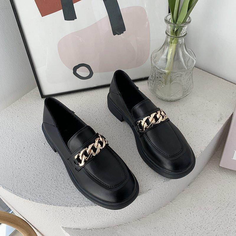 Shoes For Women Metal Chain Oxford Woman New Slip On Square Heel Platform Shoe Round Toe Solid Leather Casual Loafers