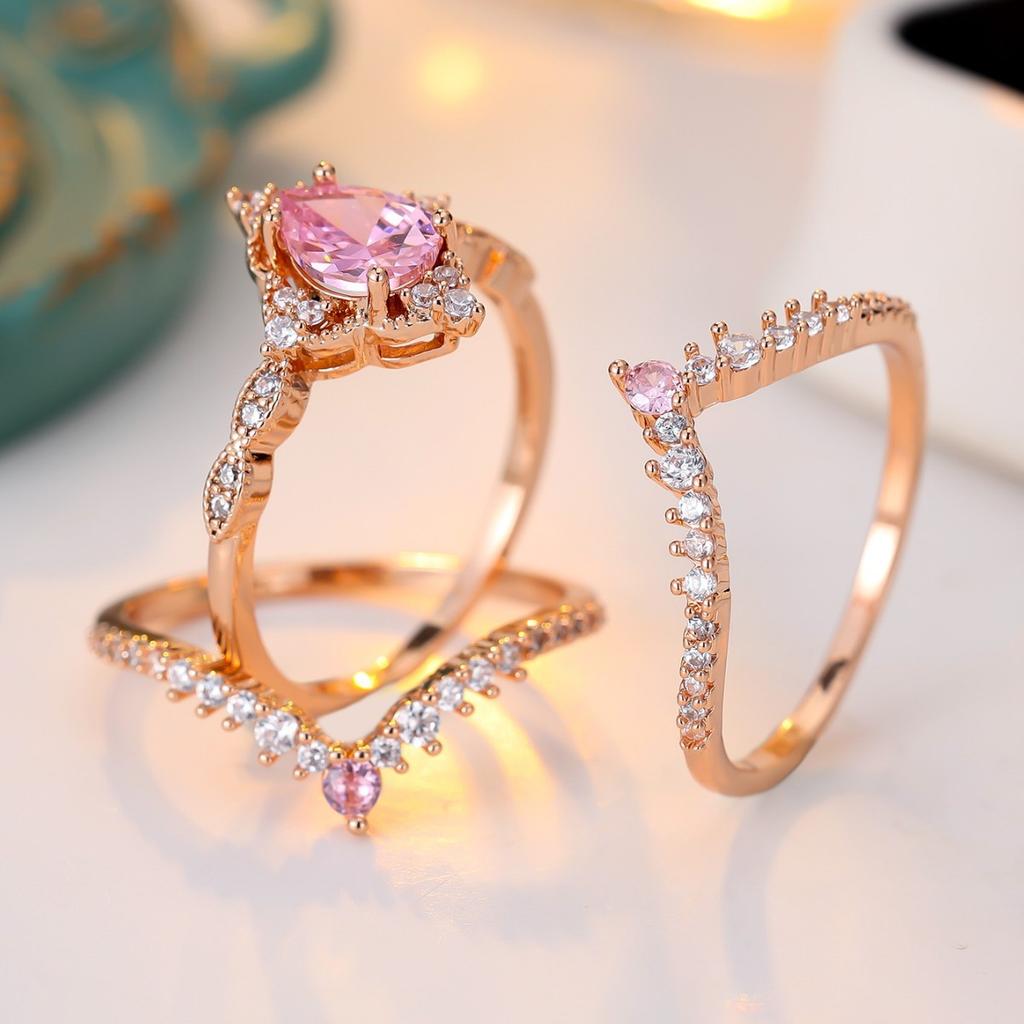 Gentle Ins Wind Cherry Blossom Pink Cubic Zirconia Ring Set Versatile Multi-layered Ring Set with Delicate, Small Diamond Accents