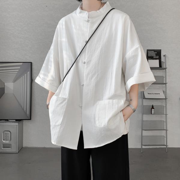 Men's Long-Sleeve Chinese Style Buttoned Linen Shirt Hanfu Tang Suit Plus Size Jacket