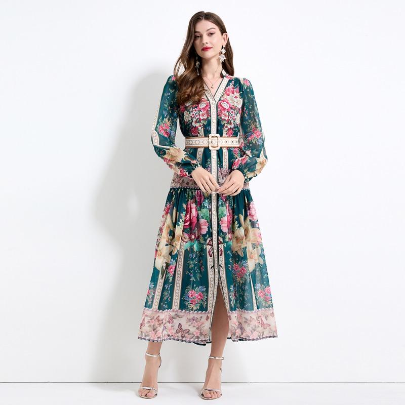 Summer Autumn Women V-neck Vintage Print Chiffon Runway Dress Single Breasted Long Maxi Oversize Vacation Beach Dresses with Belt