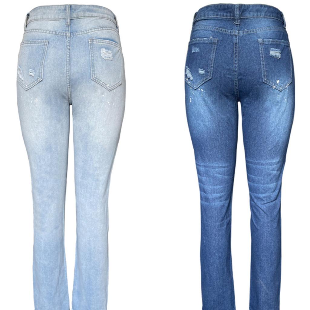 Fashion Ladies Washed and Torn Straight Printed Denim Trousers Women