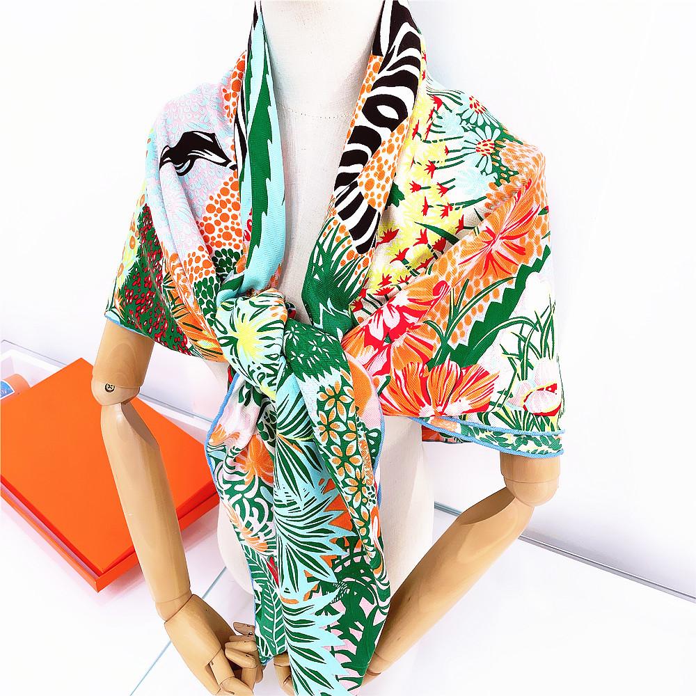 130Cm Silk Cashmere Scarf Women Hand Rolled Shawl Forest Zebra Print Square Scarves Wraps Lady Bandana Big Hijab Female Foulards
