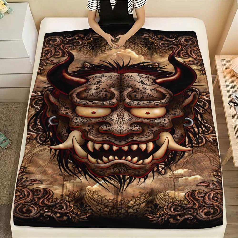 1Pc Hannya Samurai Print Flannel Blanket, High quality Comfortable for All Seasons, Home Decor, Warmth and Comfort, Perfect for Christmas Gifts
