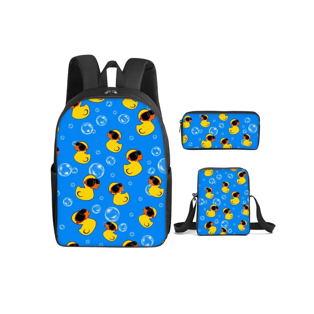 Caneton Jaune Imprimé Set de 3 Pièces Sac à Dos avec Sac Bandoulière, Trousses à Crayons pour Garçon/Fille Meilleur Cadeau Sacs d'École Étudiant Dessin Animé black