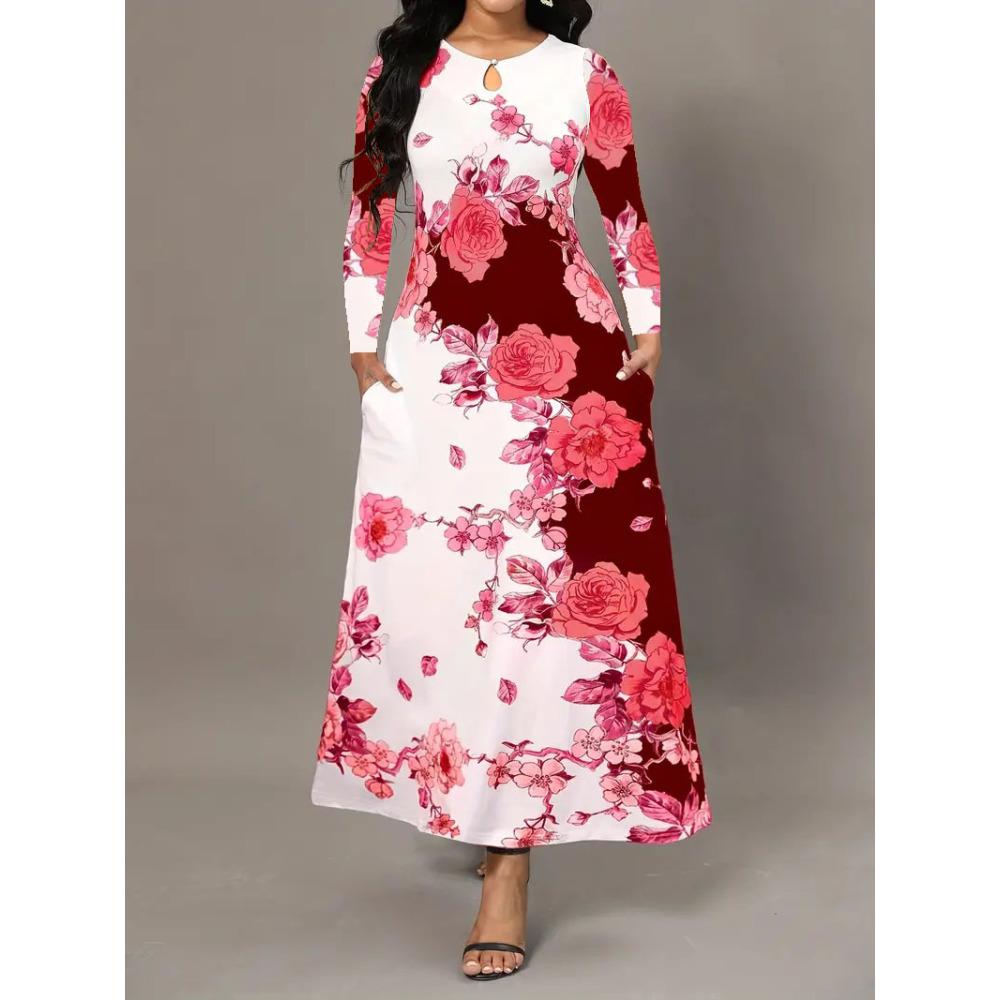 

Women s Long Sleeve Round Neck Printed Pocket Long Elegant Dress XXXL червоний