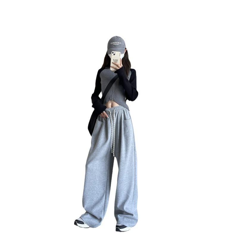 White wide-leg pants women's spring and autumn new high-waisted mopping and thin loose straight sweatpants casual sports trousers