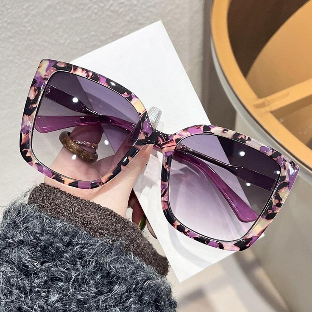 Large Square Frame Women's Sunglasses with Floral Pattern Party Sun Glasses Shades Gradient Purple Lens Novelty Glasses