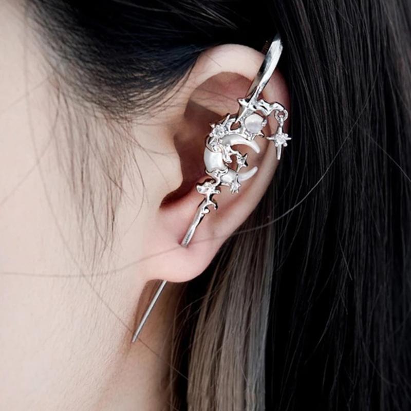 Elegant Star and Moon Diamond Earrings Ear Needle Diagonals Ear Studs Stylish Piercing Ears Jewelry for Fashion Lovers