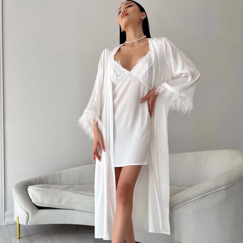 Loose and comfortable European and American summer new feather suspender nightgown pajamas two-piece loungewear women's