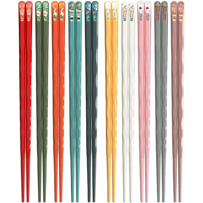 10 Pairs Reble Chopsticks, 9.5-Inch Dishwasher Safe, Heat-Resistant, Non-Slip, Colorful Chinese Style Chopsticks with Unique Pattern Designs (Wavy)