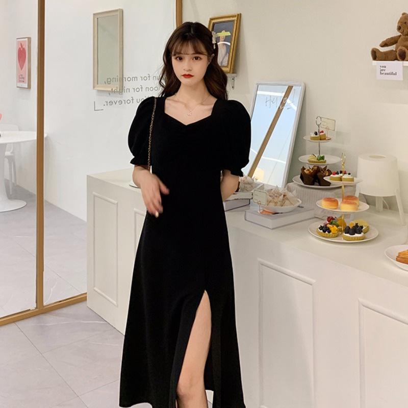 2024 Plus Size French Slit Slimming Black Summer Dress for Women