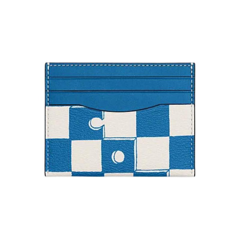 

COACH Card Case 10 Checkerboard Print Artificial Leather Plastic Cow Leather Card Case Mini Women Blue Jay and Chalk White синій