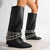 Fashion Rivets Belt Decor Black Long Boots for Women Punk Style Pointed Toe Knee High Boots Woman Fashion Wedges Pu Leather Botas 35-42
