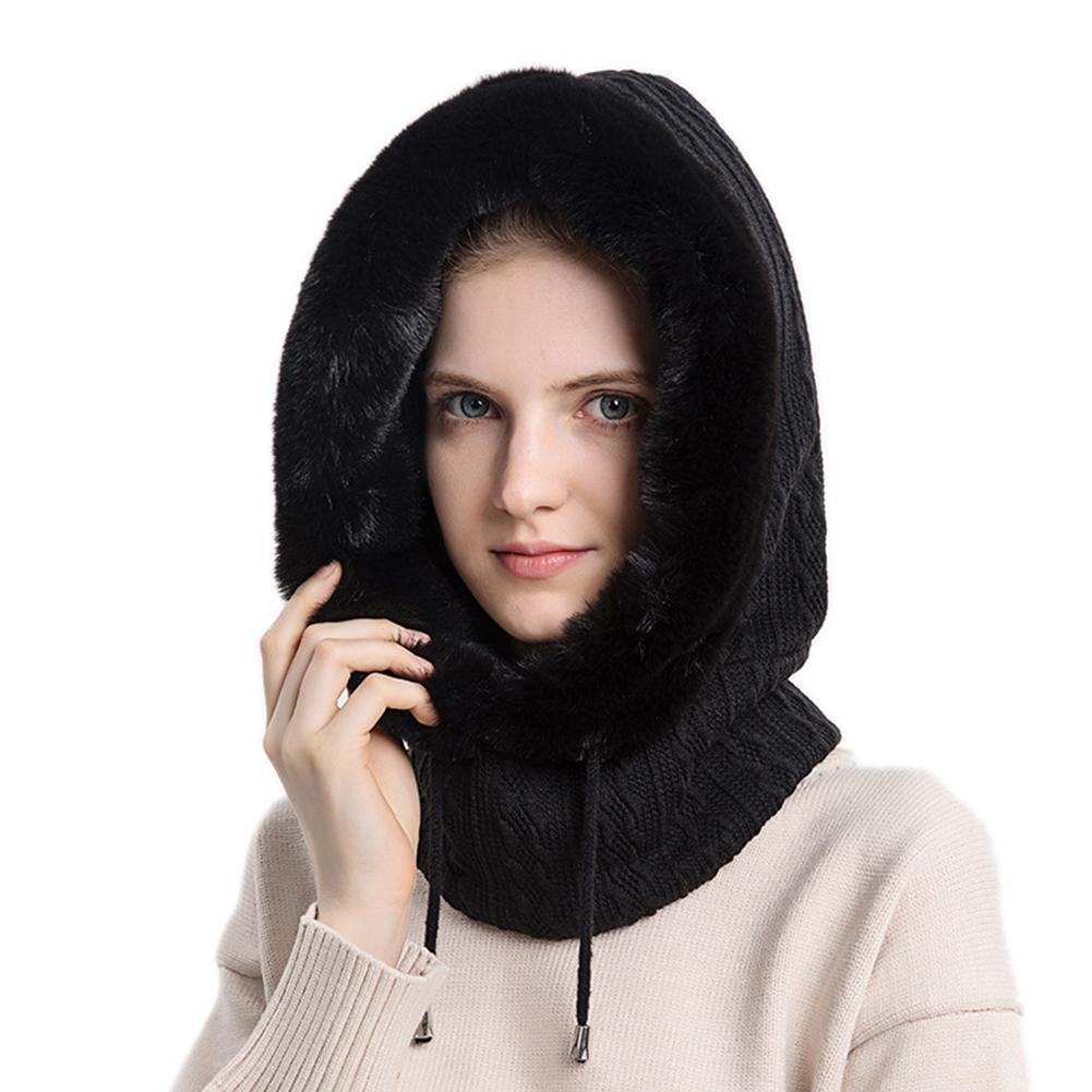 Winter Fur Cap Mask Set Hooded For Women Knitted Cashmere Thick Hat Windproof Warm Fluffy Beani I2L1