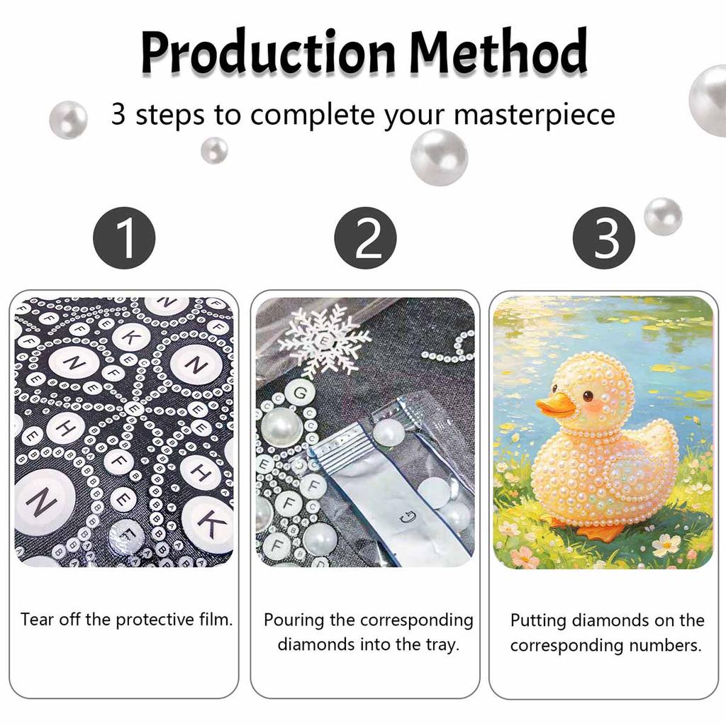 DIY Framed Pearl Painting Kit Cute Duckling Pattern Sparkling Bead Canvas Art for Living Room Decoration Wall Hanging Craft Gift Decor Set