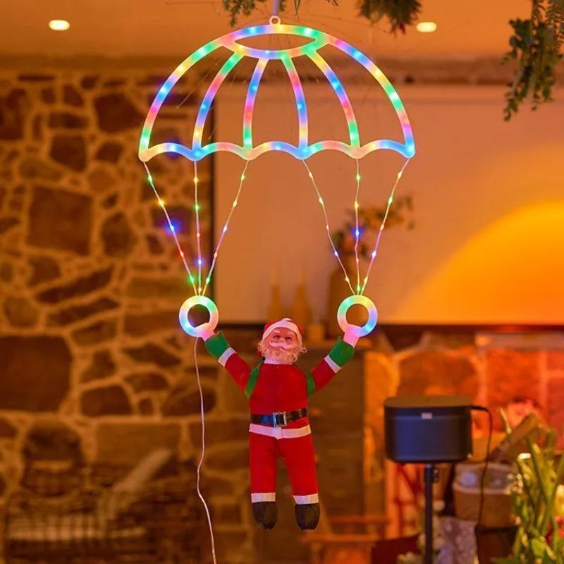 LED Christmas Parachute Light with Santa Claus Hanging Xmas Lamp for Outdoor Roof Balcony Porch Fence Tree Home Holiday Party Decor Ornaments