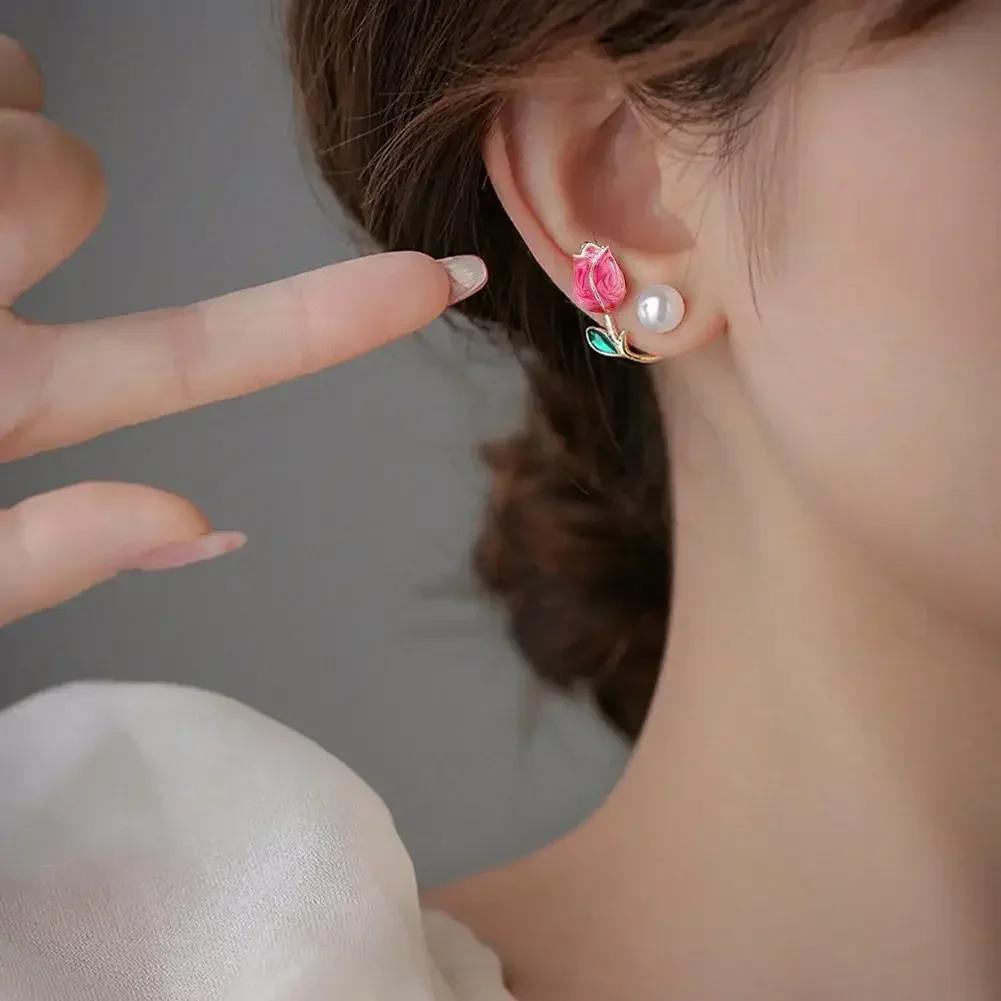 Pink Tulip Imitation Pearl Earrings Rose Flower Two Ways To Wear Ear Studs for Girls Daily Wear Women Ear Piercings Gifts
