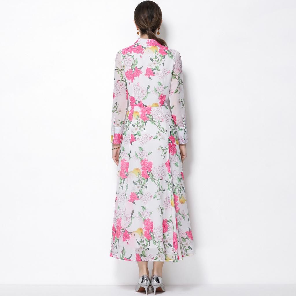 Spring Clothing for Women 2026 New Style High-End Flower Printed Belt Slim-Fitting Long French Long Sleeve Chiffon Maxi Dress