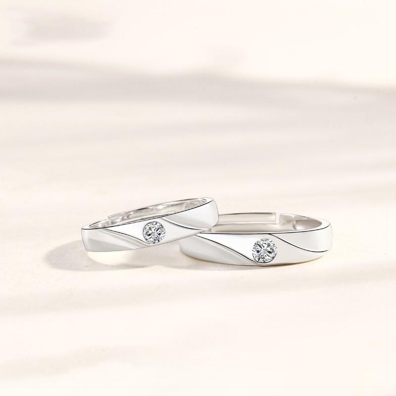 925 Sterling Silver Minimalist Couple s Matching Rings with Single Diamond - Perfect for Valentine s or Qixi Festival. Adjustable Opening