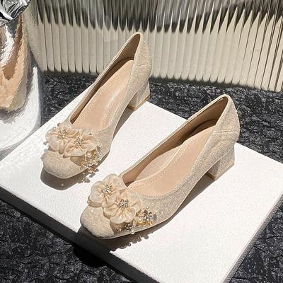 Mode Mode Fleur Chaussures Simples à Talons Hauts Automne Nouveau Bout Carré Col Bas Pied Antidérapant Résistant à l'Usure Chaussures à Talons Blocs