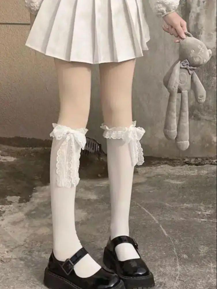 

1 Pair Women S Solid Color Calf-Length Socks Trendy Lace Trim Bow Detail Versatile Girlish Socks, Non-Slip Stay-Up Cute Hosiery One Size