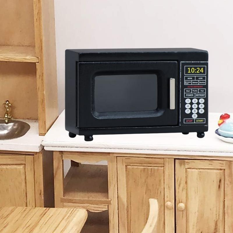 Wooden Dollhouses Microwave Toy For Kids Adults Realistic Kitchen Decors In Black 1/12 Scale Design