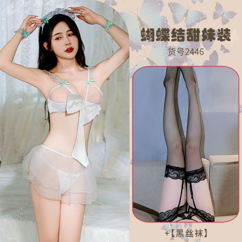 Sexy Lingerie Sexy Sweet Hollowed-out Perspective Seduction Maid Outfit Lace-up Bow Character Uniform Suit Pure Lust