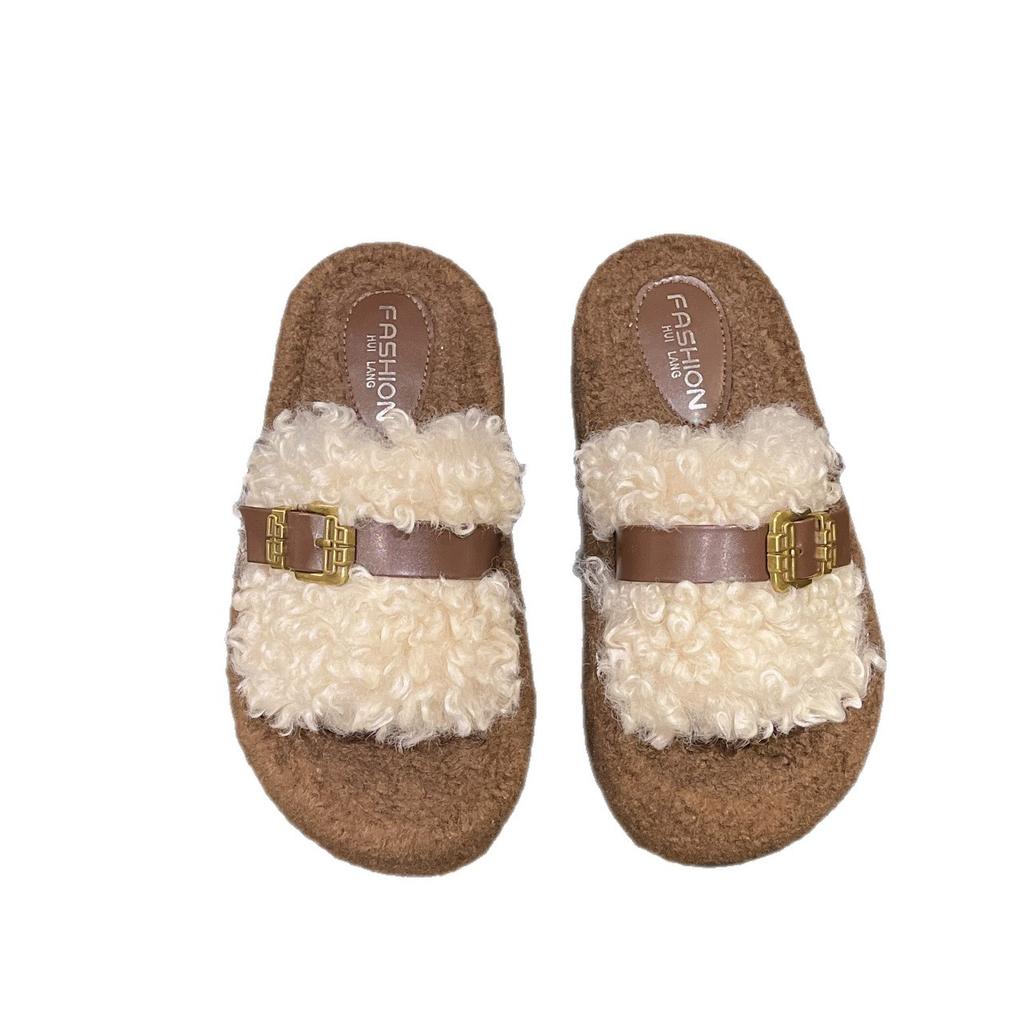 Lamb wool thick-soled fluffy slippers outer wear 2025 autumn and winter new one-word belt buckle home plush cotton slippers women